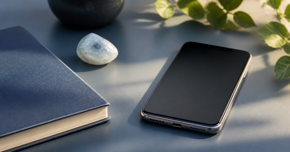 Smartphone, notebook, and small crystal prepared for a private phone psychic reading