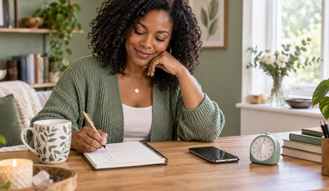 Woman preparing a short question checklist beside her phone and a timer before a reading.